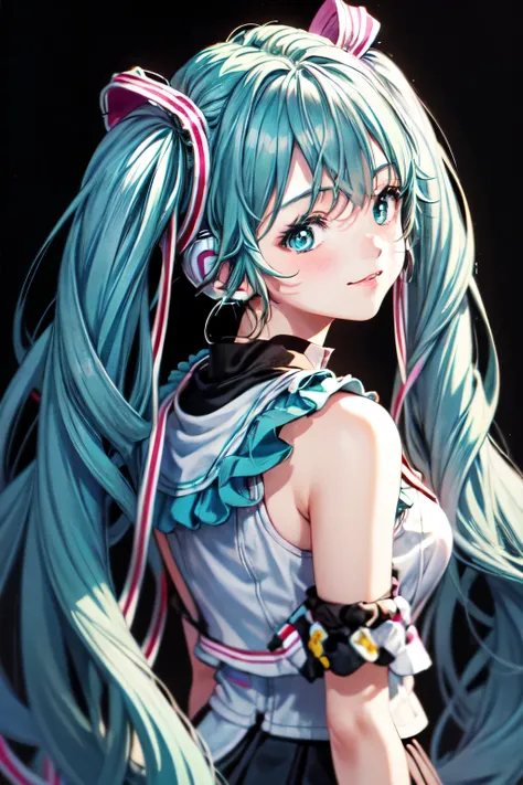 Hatsune Miku,high resolution, turn your gaze, blushes, blue eyes, Blue Hair/light blue hair, headphones,shortcuts, floral background