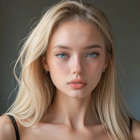 Portrait of very cute beautiful 18 years old girl with very light blonde long hairstyle, she has beautiful eyes, realistic face, small nose, sensitive lips. Her skin is shining