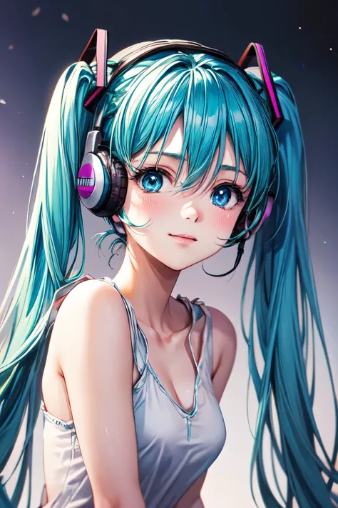 Hatsune Miku,high resolution, turn your gaze, blushes, blue eyes, Blue Hair/light blue hair, headphones,shortcuts, floral background