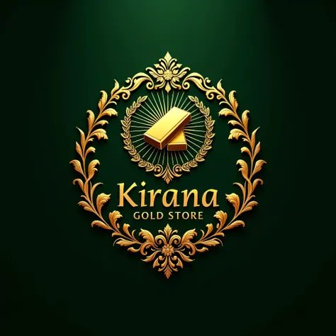 A luxurious and artistic logo design for 'Kirana Gold Store', a premium gold bar financing store. The logo should be in a 1:1 aspect ratio, featuring intricate golden patterns and ornamental flourishes, inspired by traditional Indonesian batik and royal em...