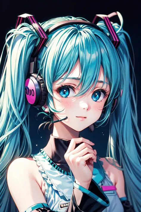 Hatsune Miku,high resolution, turn your gaze, blushes, blue eyes, Blue Hair/light blue hair, headphones,shortcuts, floral background