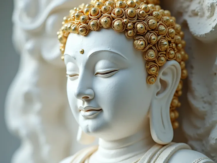 White buddha face golden hair closed up tilt shot