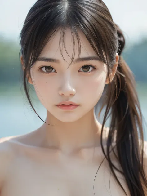 Sporty Girl, Dynamic Pictures , Black Hair, Long Hair, ponytail, bangs, Thready hairstyle/hair, Expressive Hair , Droopy eyes, Sad Eyes , Light-pigmented eyes, Drooping eyebrows, high definition, masterpiece, accurate, is anatomically correct, has w...