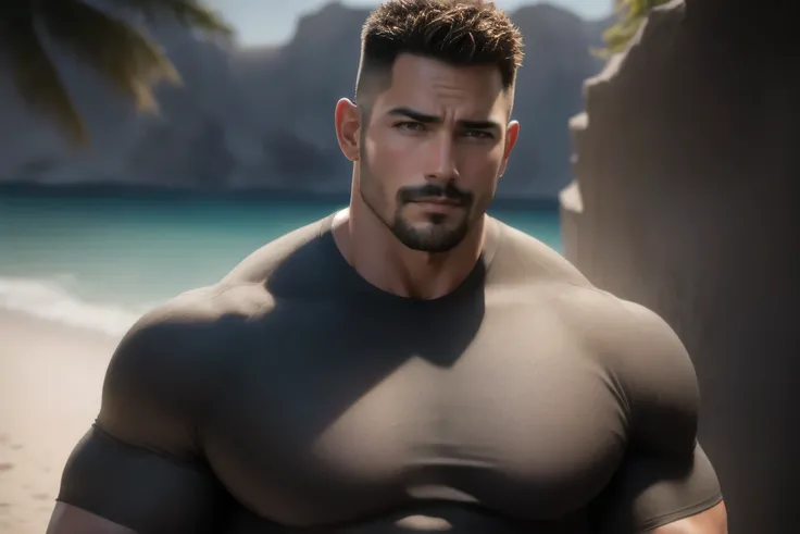 1个 muscular男人在Seaside beach exposed to the hot sun in the open air, VERY STRONG ,exquisite perfect facial features ,Buzz Cut,Buzz Cut,Seaside beach exposed to the hot sun in the open air, 他背靠着脏污的墙壁, He is wearing a brown luxury luxury business blazer, ...