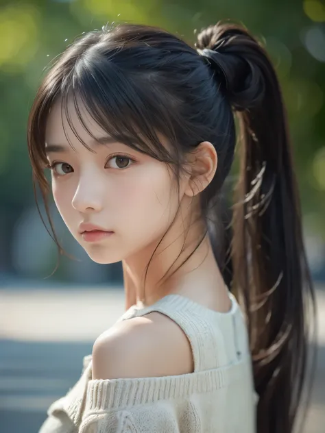 knit sweater, (shoulder-off:1.3), Sporty Girl, Dynamic Pictures , Black Hair, Long Hair, ponytail, bangs, Thready hairstyle/hair, Expressive Hair , Droopy eyes, Sad Eyes , Light-pigmented eyes, Drooping eyebrows, high definition, masterpiece, accurate...