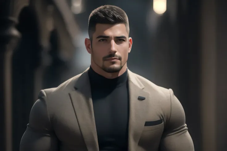 1个 muscular男人在High-end luxury office, VERY STRONG ,exquisite perfect facial features ,Buzz Cut,Buzz Cut,High-end luxury office, He is working with a laptop, He is wearing a high-class luxury business suit jacket, and wears high neck, long sleeve, Tight...