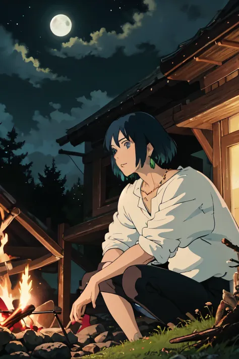 masterpiece, 1boy, solo, howl_jenkins, blue eyes, detailed eyes, necklace, earrings, jewelry, white shirt, black pants, sitting near a campfire, forest, at night, stars, moon,