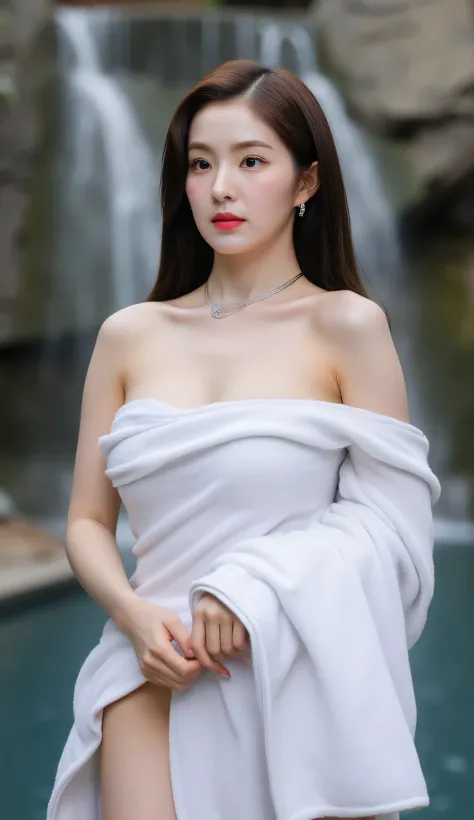 Beautiful Girl, Korean makeup, Red lips, big breasts, medium body, wrap a towel, body towel wrap, white towel, thigh, Look at the viewer, stand, pose standing, lakes, stood giữa high, (((cảnh quang hồ nước giữa rừng, waterfall,)))