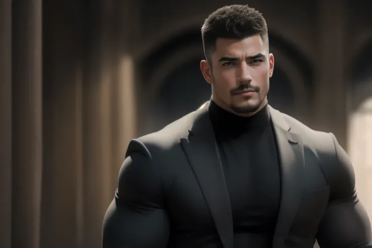 1个 muscular男人坐在High-end luxury office, VERY STRONG ,exquisite perfect facial features ,Buzz Cut,Buzz Cut,High-end luxury office, He is working with a laptop, He is wearing a high-class luxury business suit jacket, and wears high neck, long sleeve, Tigh...