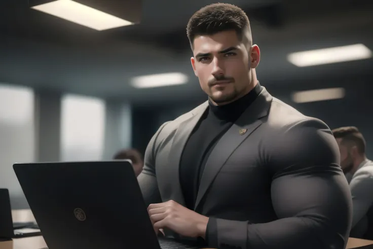 1个 muscular男人Sit in an upscale luxury office, VERY STRONG ,exquisite perfect facial features ,Buzz Cut,Buzz Cut,Sit in an upscale luxury office, He is working with a laptop, He is wearing a high-class luxury business suit jacket, and wears high neck, l...