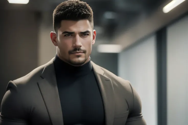 1个 muscular男人Sit in an upscale luxury office, VERY STRONG ,exquisite perfect facial features ,Buzz Cut,Buzz Cut,Sit in an upscale luxury office, He is working with a laptop, He is wearing a high-class luxury business suit jacket, and wears high neck, l...