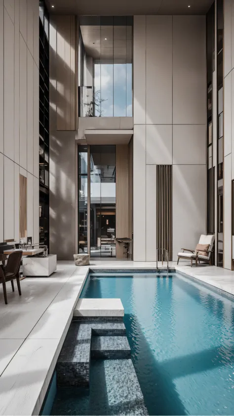 4K,8K,Studio Quality,Chinese Penthouse,Swimming Pool inside Penthouse, Inside China Highclass Penthouse Tower Room with Swimming Pool,Make the Water Pool Realistic, make the photo realistic, vibes color with black and white, Billionaire Vibes Room,Full Fur...