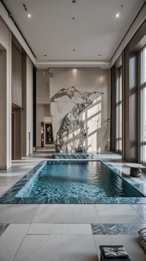 4K,8K,Studio Quality,Chinese Penthouse,Swimming Pool inside Penthouse, Inside China Highclass Penthouse Tower Room with Swimming Pool,Make the Water Pool Realistic, make the photo realistic, vibes color with black and white, Billionaire Vibes Room,Full Fur...