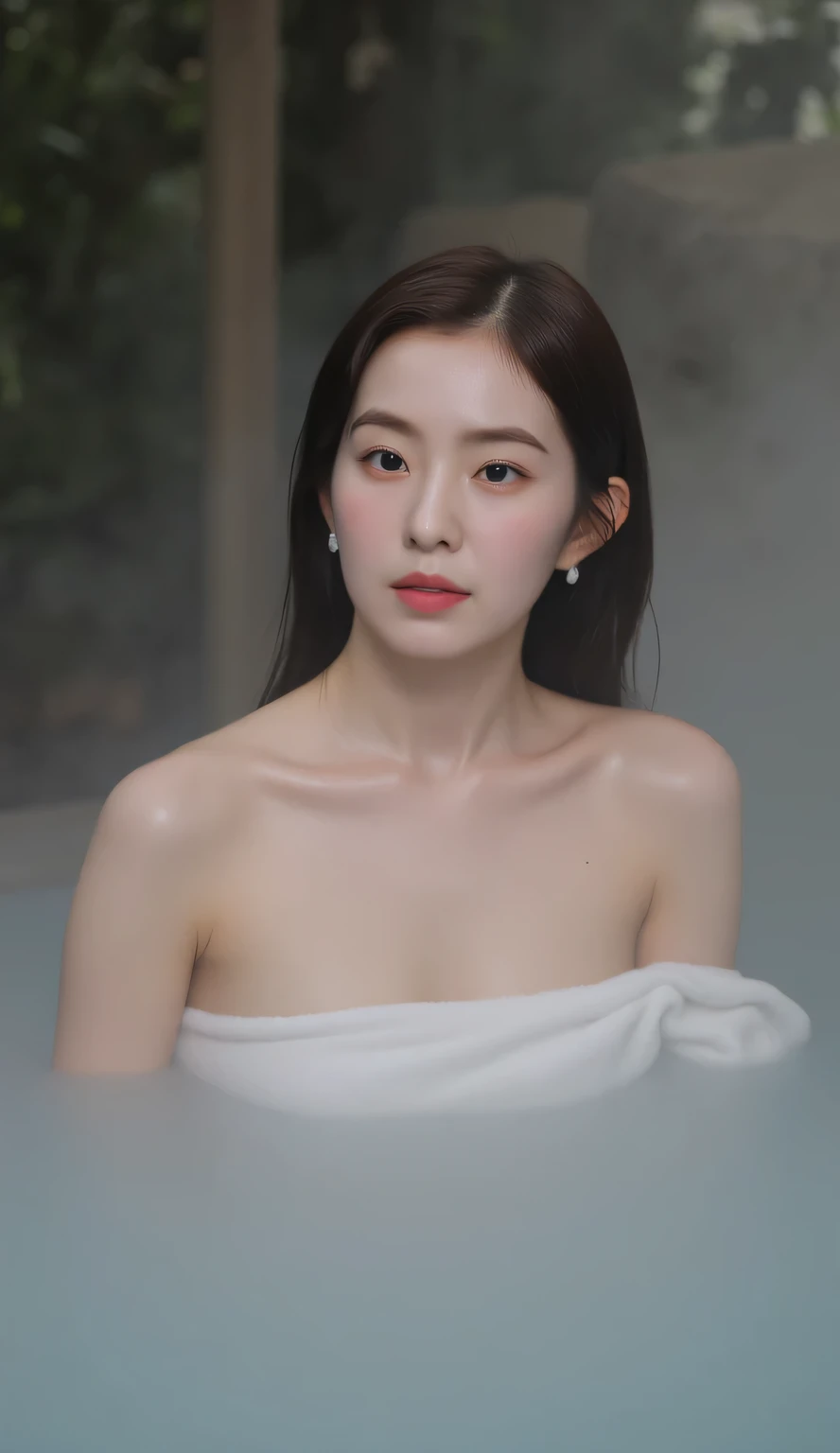 ( knight :1.7), Oriental Architecture , woman 1 person , ((spa, spa:1.4)), Moist Skin, (([fog:2.0)), ( steam rises :1.8), Growing Skin , Shiny Skin , ((partially submerged in spa:1.4)), The oconnor 。 小さな白い ...