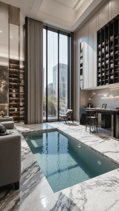 4K,8K,Studio Quality,Chinese Penthouse,Swimming Pool inside Penthouse, Inside China Highclass Penthouse Tower Room with Swimming Pool,Make the Water Pool Realistic, make the photo realistic, vibes color with black and white, Billionaire Vibes Room,Full Fur...