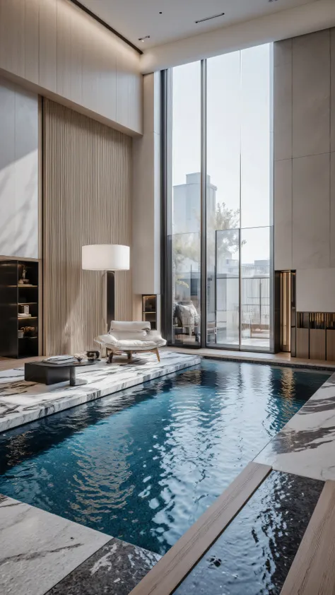 4K,8K,Studio Quality,Chinese Penthouse,Swimming Pool inside Penthouse, Inside China Highclass Penthouse Tower Room with Swimming Pool,Make the Water Pool Realistic, make the photo realistic, vibes color with black and white, Billionaire Vibes Room,Full Fur...