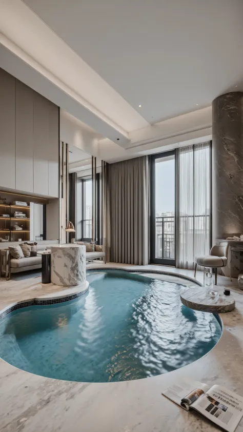 4K,8K,Studio Quality,Chinese Penthouse,Swimming Pool inside Penthouse, Inside China Highclass Penthouse Tower Room with Swimming Pool,Make the Water Pool Realistic, make the photo realistic, vibes color with black and white, Billionaire Vibes Room,Full Fur...