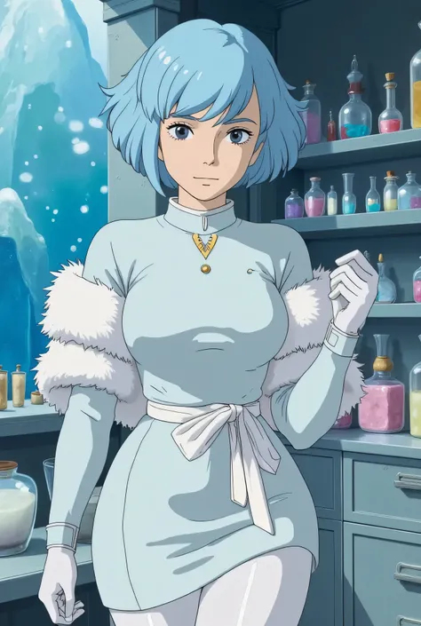 Ghibli style,"A pale girl with ice-blue hair wearing a synth-fur coat and diamond-clawed gloves. In her subterranean lab (walls of perpetual ice, shelves of crystallized emotions—pink laughter cubes, blue tear spheres), she brews a potion to make stone hea...