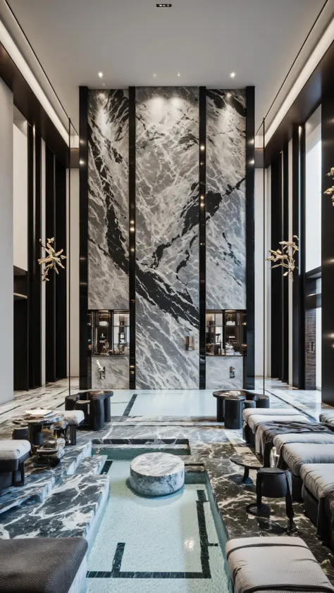 4K,8K,Studio Quality,Chinese Penthouse,Swimming Pool inside Penthouse, Inside China Highclass Penthouse Tower Room with Swimming Pool,Make the Water Pool Realistic, make the photo realistic, vibes color with black and white, Billionaire Vibes Room,Full Fur...
