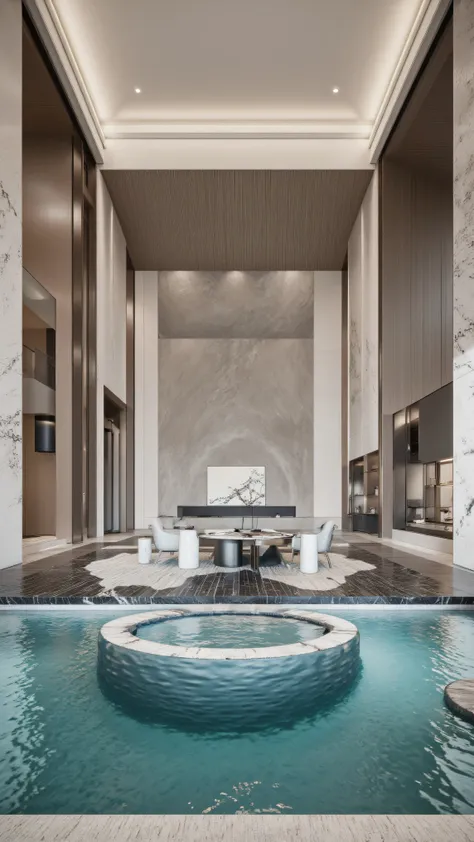 4K,8K,Studio Quality,Chinese Penthouse,Swimming Pool inside Penthouse, Inside China Highclass Penthouse Tower Room with Swimming Pool,Make the Water Pool Realistic, make the photo realistic, vibes color with black and white, Billionaire Vibes Room,Full Fur...