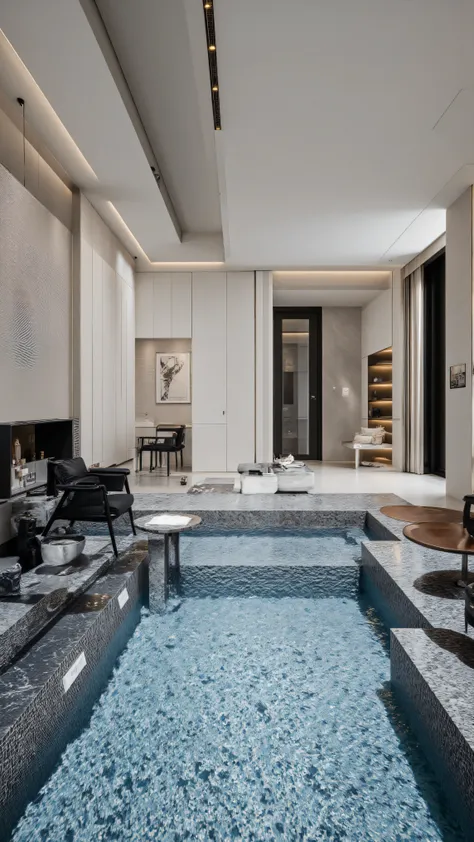 4K,8K,Studio Quality,Chinese Penthouse,Swimming Pool inside Penthouse, Inside China Highclass Penthouse Tower Room with Swimming Pool,Make the Water Pool Realistic, make the photo realistic, vibes color with black and white, Billionaire Vibes Room,Full Fur...