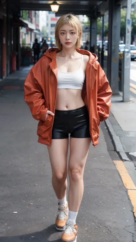 (Masterpiece), best quality, expressive eyes, perfect face, kneehighs, smiles warm, thin, slim collarbone, breasts, pouch, cleavage, waist bag, dancer, legs, navel, gyaru, barbarian, larger jacket, yandere, highres, collar, hands in pockets, biker latex sh...