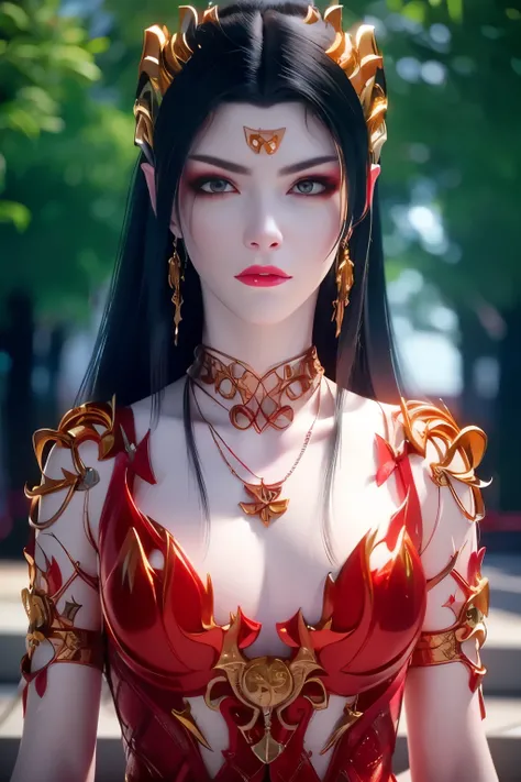 (RAW photo:1.2), (photorealistic:1.4),(intricate details:1.2),(masterpiece:1.3),(best quality:1.4), (ultra highres:1.2),1girl, solo, jewelry, earrings, pointy_ears, necklace, looking at viewer pose, red ornamental clothes, background : a garden with flutte...