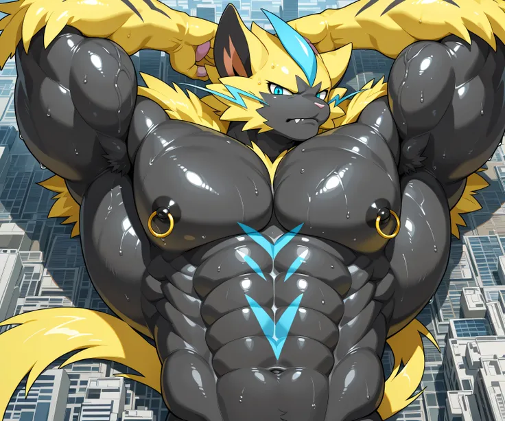 kemono, bara, solo, furry, Anthro, zeraora, male, tail, fangs on lips, muscular, posing, leaning backward, huge black nipples, golden nipple rings, broad shoulders, huge arms, broad chest, yellow fur on head, yellow fur on arms, detailed background, seriou...