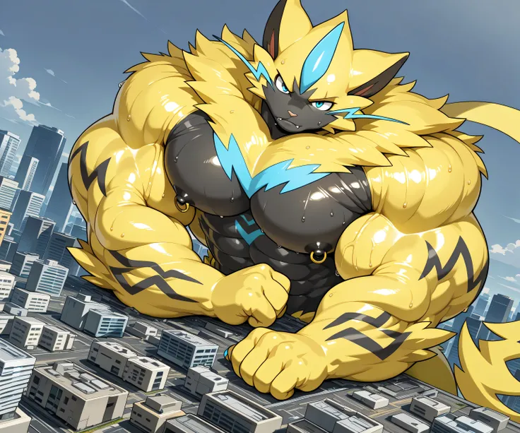 kemono, bara, solo, furry, Anthro, zeraora, male, tail, fangs on lips, muscular, posing, leaning backward, huge black nipples, golden nipple rings, broad shoulders, huge arms, broad chest, yellow fur on head, yellow fur on arms, detailed background, seriou...