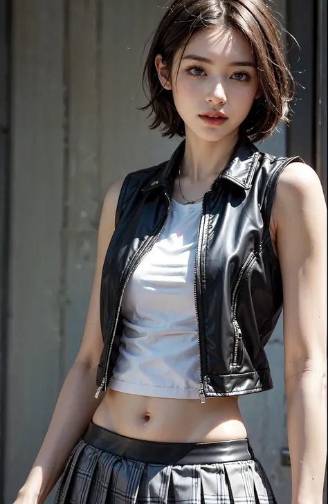 young woman with short silver hair and rainbow-colored highlights, punk style with a plaid pleated mini skirt, leather vest and fishnet sleeves, close-up upper body shot, high detail, realistic textures