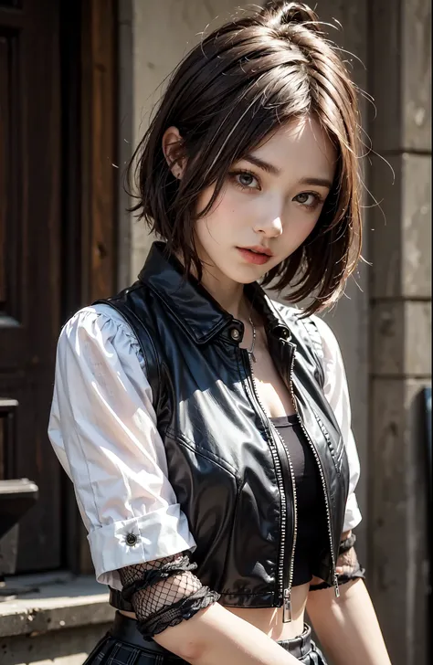 young woman with short silver hair and rainbow-colored highlights, punk style with a plaid pleated mini skirt, leather vest and fishnet sleeves, close-up upper body shot, high detail, realistic textures
