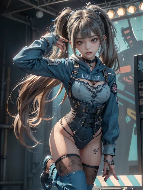 (full body view:1.2)、(Full body:1.how your teeth and laugh:1.3),(Shibuya Gal:1.lender Whores:1.5)、(Neo-goth fashion:1.5)、( punk rock visual:1.5)、(hoodie adorned with delicate accessories in denim and black and navy:1.5)、(Delicately designed corset in denim...