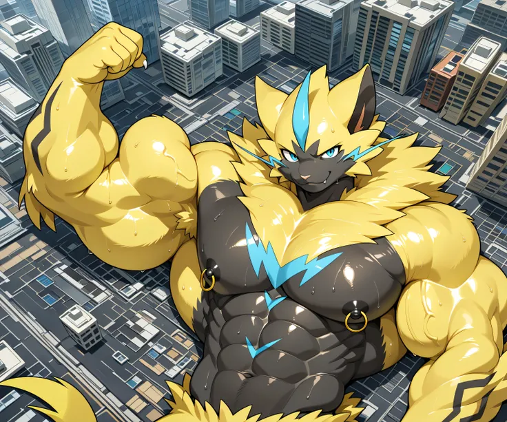 kemono, bara, solo, furry, Anthro, zeraora, male, tail, fangs on lips, muscular, posing, leaning backward, huge black nipples, golden nipple rings, broad shoulders, huge arms, broad chest, yellow fur on head, yellow fur on arms, detailed background, seriou...