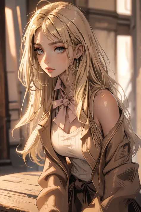 1girl,a beautiful fashion model ,(masterpiece, detailed background, best quality), boho bob, shoulder length hair, wavy and shiny hair, light blonde hair elegant makeup, dark makeup, earrings, pink eyeshadow, white shirt, , wet skin, feigned shyness, larg...