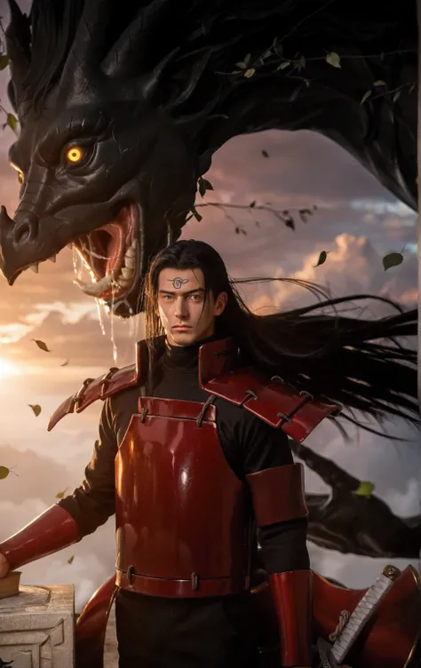 score_9, score_8_up, score_7_up, source_anime, detailed, wallpaper, beautiful details, hashirama senju, 1boy, asian, male focus, looking at viewer, black hair, long hair, tattoos under the eyes and center of the forehead wooden dragon statue, yellow eyes, ...