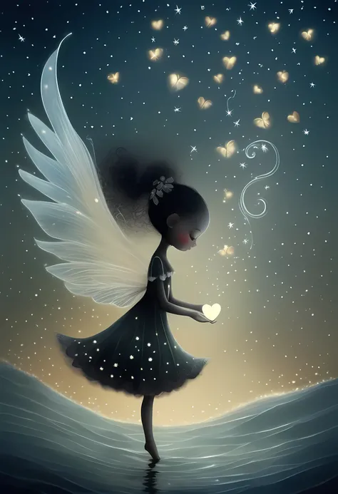 by nicoletta ceccoli and jean baptiste monge, quirky but very beautiful character, silhouette of a little fairy with beautiful transparent and shiny butterfly wings, bright red love hearts overflowing from her hands, magical world, many little heart drops ...