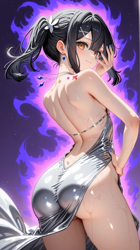 1girl,(Miyu Edelfelt),loli,toddler,petite,cute face,black hair,brown eyes,evil smile,solo,huge ass,colored skin,erect nipples, jewelry, dress,necklace, bangs,x hair ornament, bare shoulders, side ponytail, halterneck, plunging neckline, sidelocks, halter d...