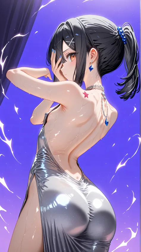 1girl,(Miyu Edelfelt),loli,toddler,petite,cute face,black hair,brown eyes,serious,solo,huge ass,colored skin,erect nipples, jewelry, dress,necklace, bangs,x hair ornament, bare shoulders, side ponytail, halterneck, plunging neckline, sidelocks, halter dres...