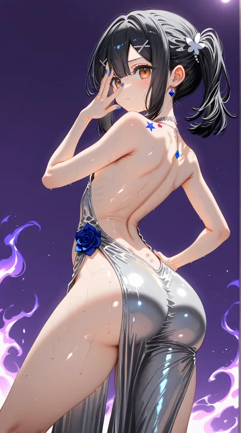 1girl,(Miyu Edelfelt),loli,toddler,petite,cute face,black hair,brown eyes,serious,solo,huge ass,colored skin,erect nipples, jewelry, dress,necklace, bangs,x hair ornament, bare shoulders, side ponytail, halterneck, plunging neckline, sidelocks, halter dres...