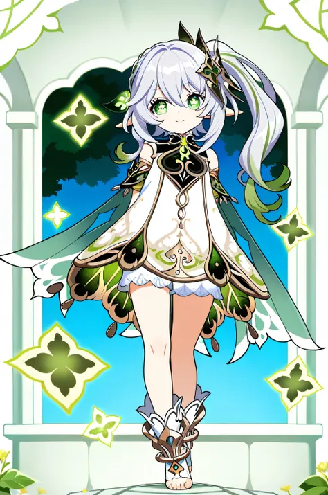 1girl, anime style, masterpiece , highly detailed, 4k, masterpiece, best quality, ultra detailed, well-defined line, 

full body, facing viewer, direct eye contact, 

Nahida, nahida \(genshin impact\), green eyes, dress, white dress, pointy ears, cross-sha...