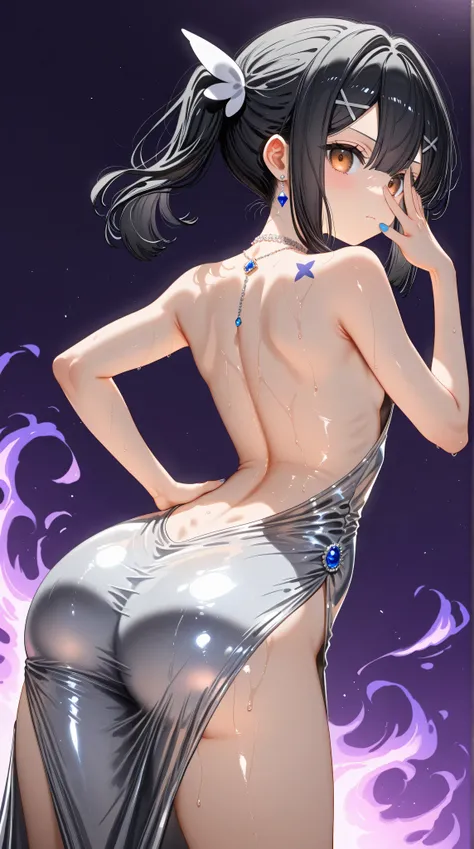 1girl,(Miyu Edelfelt),loli,toddler,petite,cute face,black hair,brown eyes,serious,solo,huge ass,colored skin,erect nipples, jewelry, dress,necklace, bangs,x hair ornament, bare shoulders, side ponytail, halterneck, plunging neckline, sidelocks, halter dres...