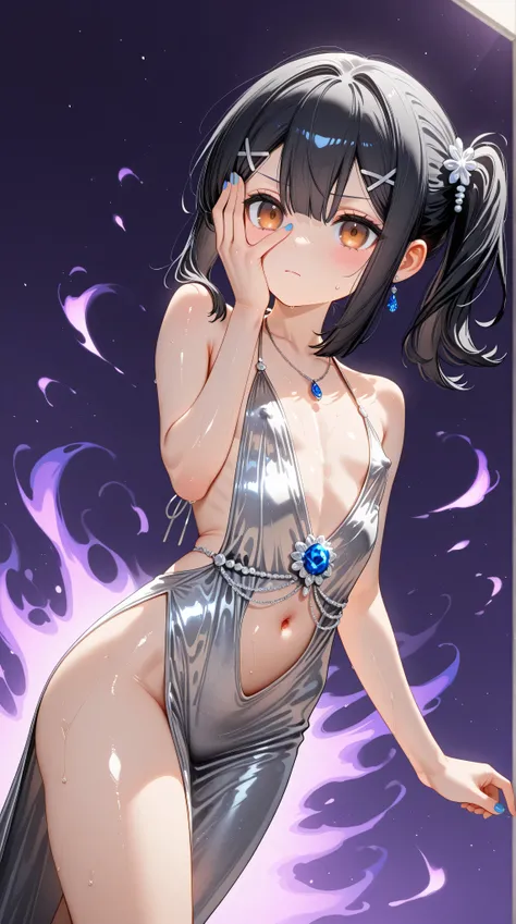 1girl,(Miyu Edelfelt),loli,toddler,petite,cute face,black hair,brown eyes,serious,solo,colored skin,erect nipples, jewelry, dress,necklace, bangs,x hair ornament, bare shoulders, side ponytail, halterneck, plunging neckline, sidelocks, halter dress, backle...