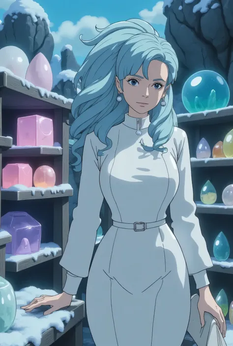 Ghibli style,"A pale girl with ice-blue hair wearing a synth-fur coat and diamond-clawed gloves. In her subterranean lab (walls of perpetual ice, shelves of crystallized emotions—pink laughter cubes, blue tear spheres), she brews a potion to make stone hea...