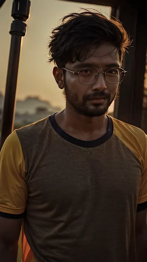 a wonderful and realistic photo of an Indian male photographer with glasses looking at Indian nature, looks into the distance, professional chest camera