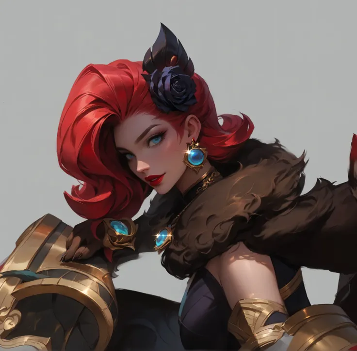 A detailed close-up portrait of a League of Legends female champion, (League of Legends splash art style:1.4), (Riot Games official concept art:1.3), (vibrant crimson red hair styled in elegant waves:1.5), (side-swept red hair with volume:1.3), (black rose...