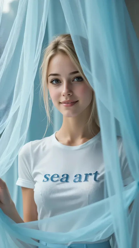 Blue organza ceiling, Lightweight and dreamy , seaart ,A woman wearing a T-shirt with "seaart" written on it.
