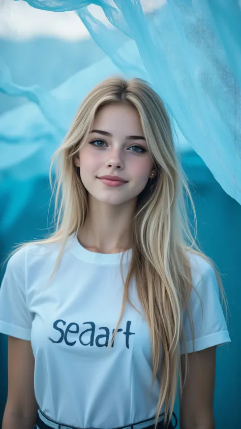 Blue organza ceiling, Lightweight and dreamy , seaart ,A woman wearing a T-shirt with "seaart" written on it.