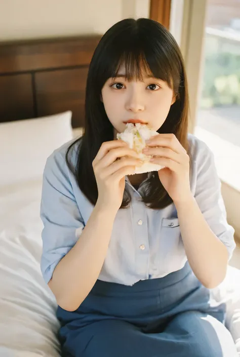 Japanese cute girl, like a little gal is tempting. she is a college student and 20-year-old. she is wearing sexy outfit and eating cake.  she has Ash Brown Color Straight medium long hair,　straight bangs.　dark brown big eyes wearing blue skirt,