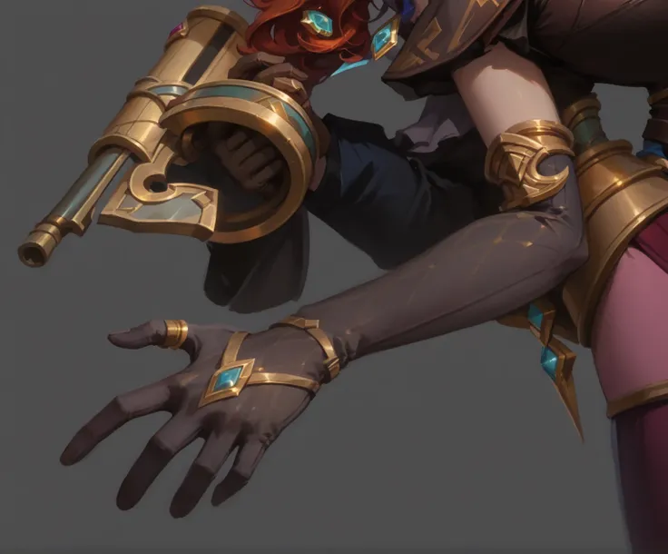 A detailed close-up of League of Legends champion arm accessories, (League of Legends splash art style:1.4), (Riot Games official concept art:1.3), (elegant gray-brown gloves with intricate details:1.5), (diamond-shaped blue gemstone on back of hand:1.5), ...