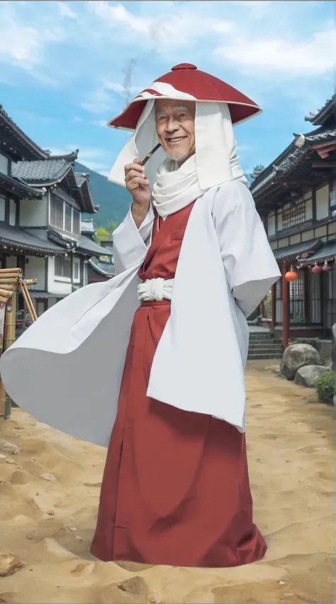 score_9, score_8_up, score_7_up, source_anime, detailed, wallpaper, beautiful details, hiruzen sarutobi, 1 oldman, asian, old man, male focus, looking at viewer, white robe, red kimono, white fabric belt, red and white fabric hat with kanji logo, white sca...